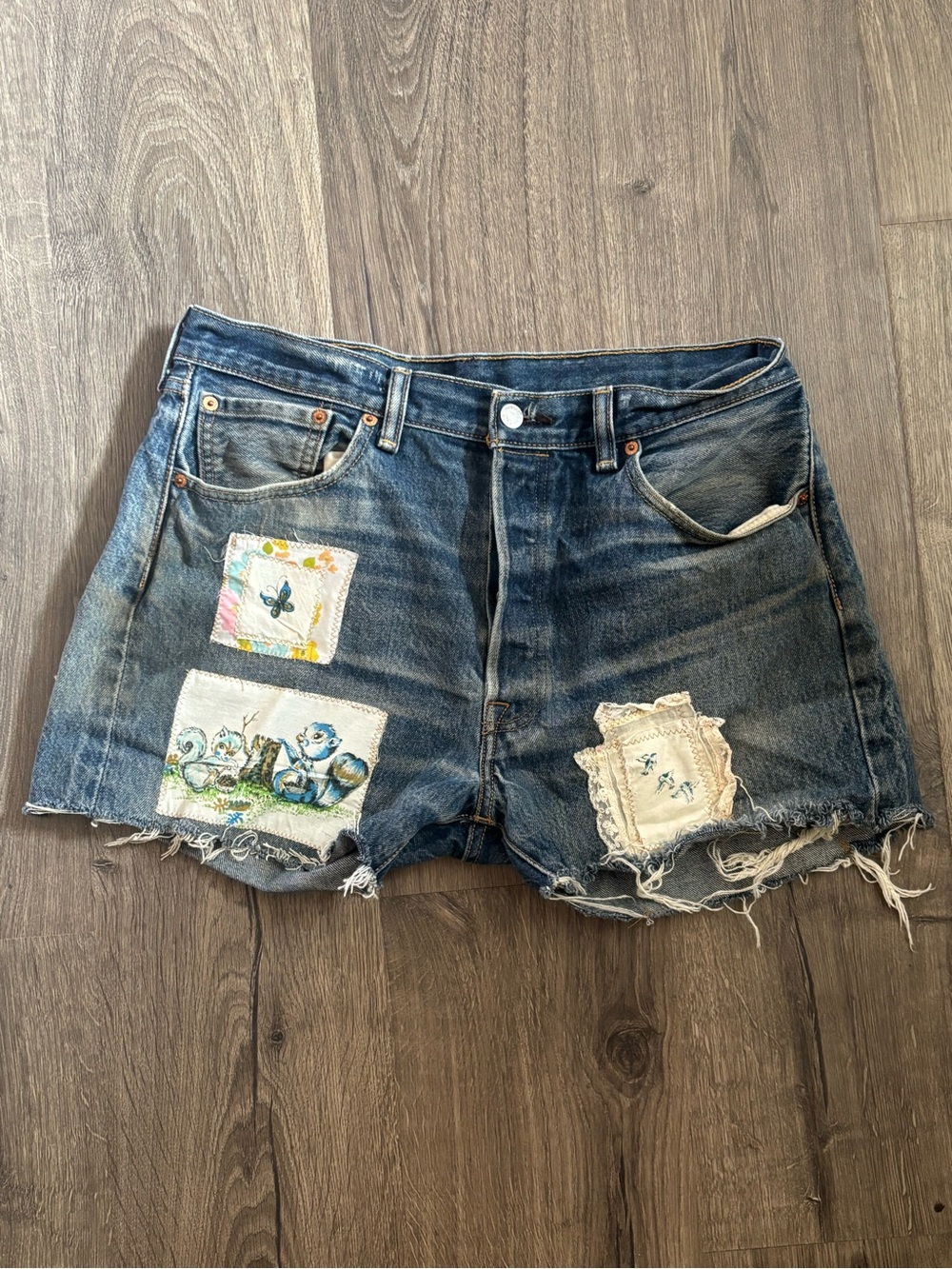 Levi's Distressed Blue Denim Patchwork Women's Shorts